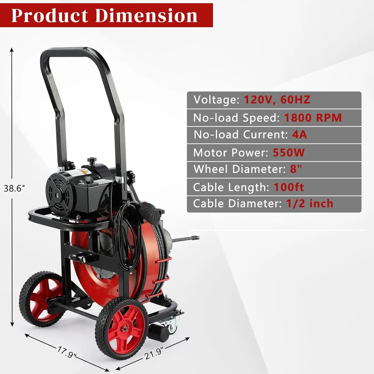 new Drain Cleaner Machine 100 FT, 550W Portable Electric Drain Sewer Auger Cleaning Auto Feed with 4 Cutter, Customized