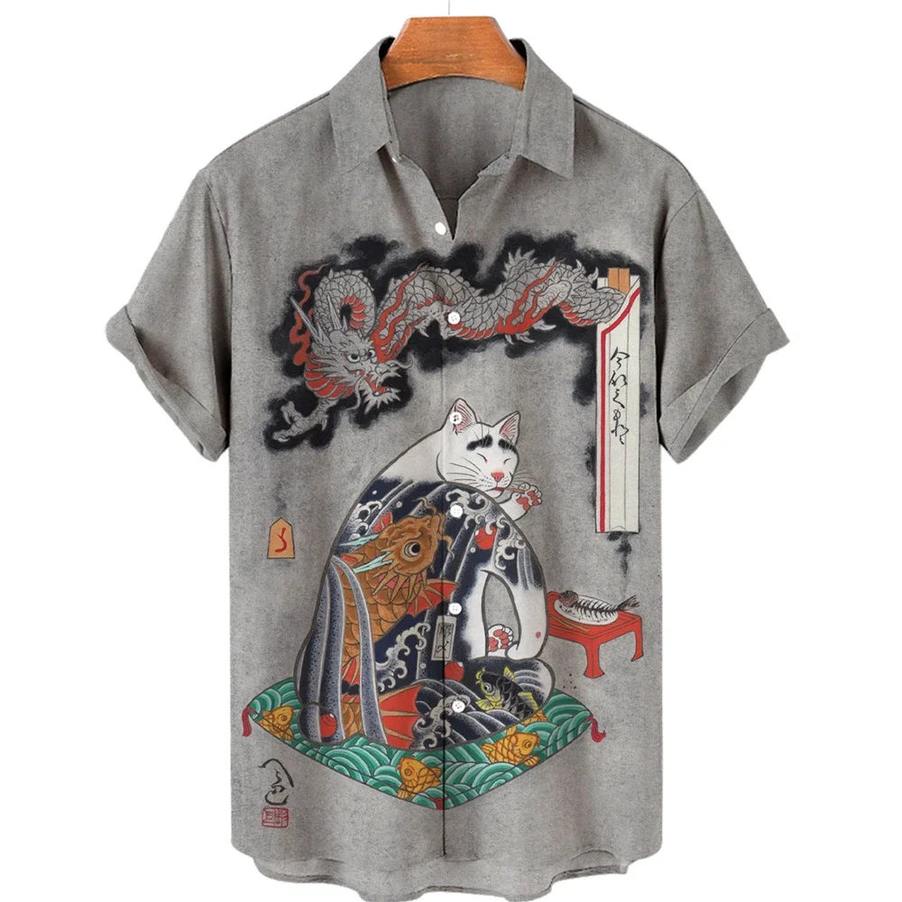 Japanese Art Samurai Cat Pattern Print Short Sleeve Shirt Men\'s Casual Comfortable Top Lapel Button-Down Shirt