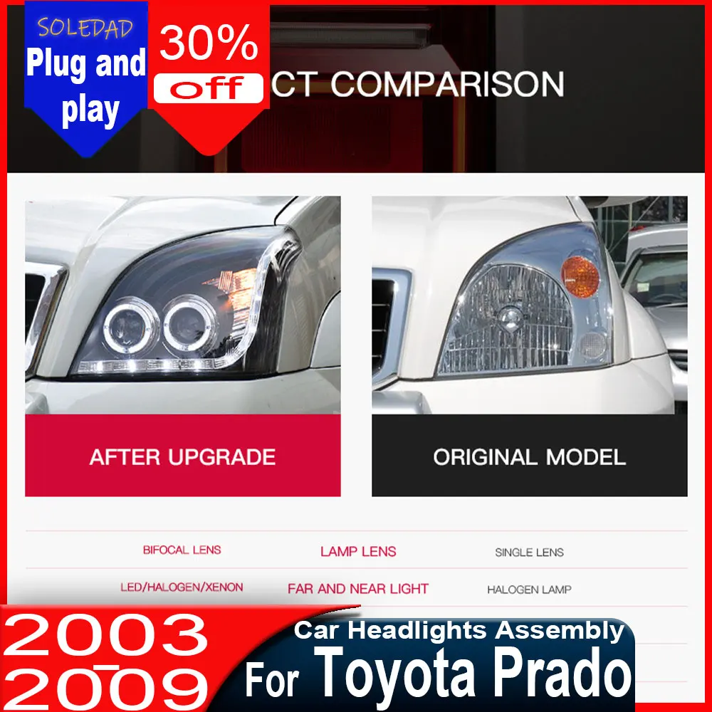 

Светодиодные фары для Toyota Prado 2003-2009, лампы Prado LC120, проекционные линзы DRL, автомобильные аксессуары, фары с функцией Plug and Play.