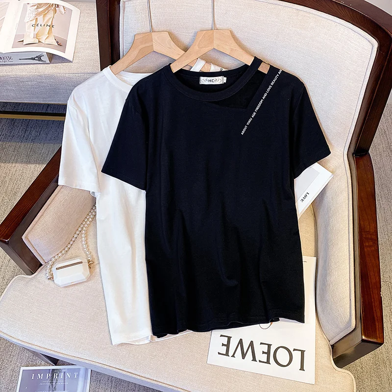 XL-4XL Large Size Mesh Splice T-shirt Female Short-sleeve Loose Oversize Tops Simple Letter Print Cotton Korean White Tshirt