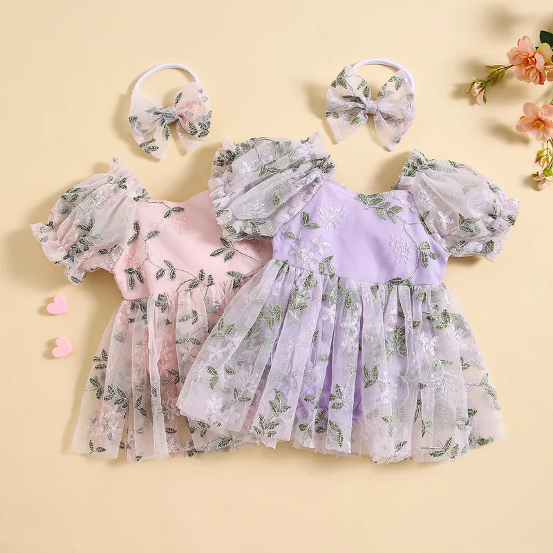 Newborn Baby Girl Embroidery Leaves Bodysuit Dress Summer Clothes Puff Sleeve A-line Dress with Bow Headband Baby Clothing