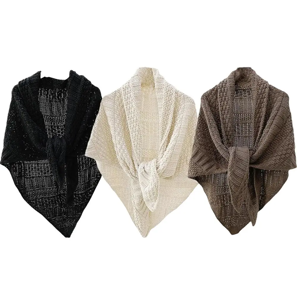 

Retro Knitted Triangle Knotted Shawl Wraps Shoulder Tops Solid Color Cardigan Cape Soft Winter Warm Travel Stoles