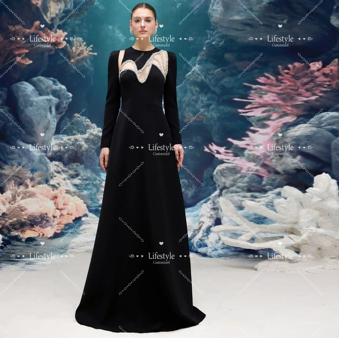 

Customized Black Round Neck Prom Gown Long Sleeve Sheer Mesh Crystal Embellished A-line Evening Dresses 2026 Gorgeous Party Dres