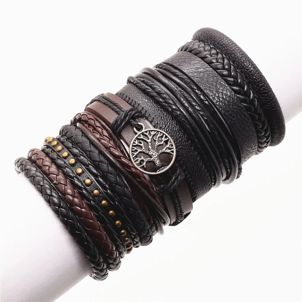 WESTBULL10pcs/set Men Leather Bracelets Set Tree Rivets Charm Multi-layer Brown Black Wrap Bracelet & Bangles