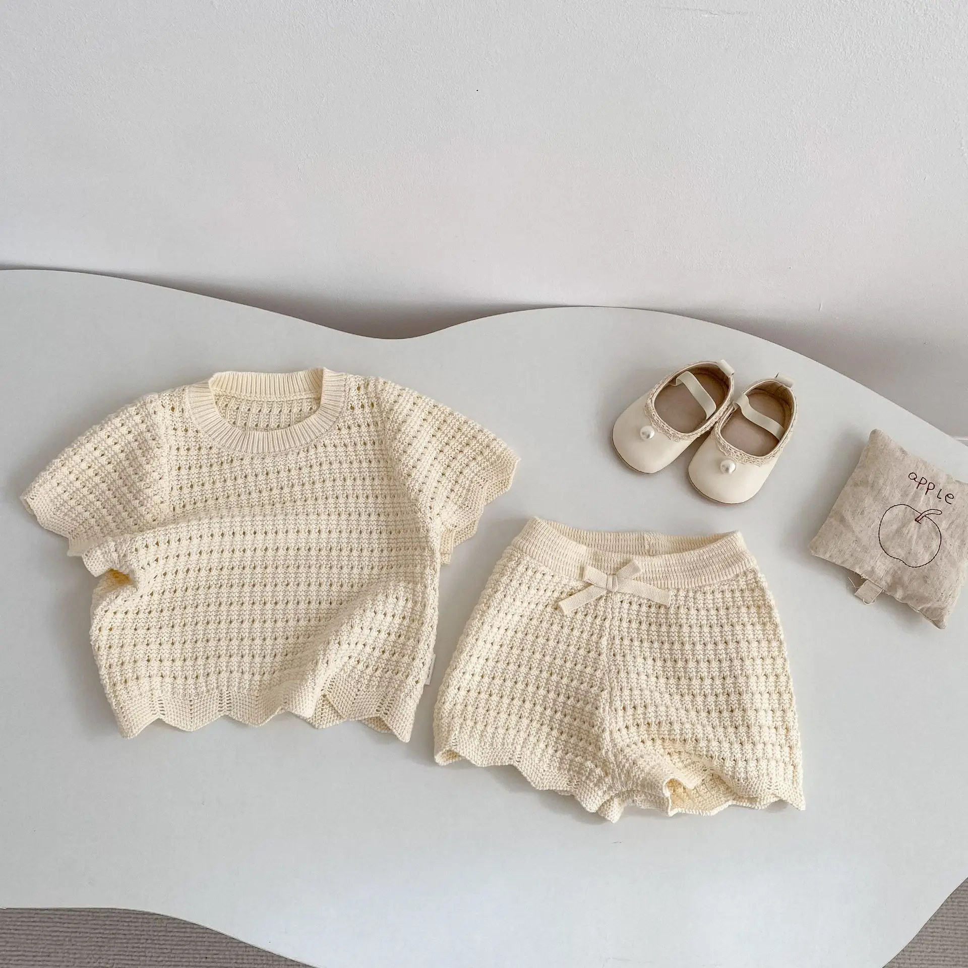 Summer New Children Casual Clothes Set Boys Girls Hollow Out Knit Sweater Tops + Shorts Two-piece Set Toddler Girls Outfits  123