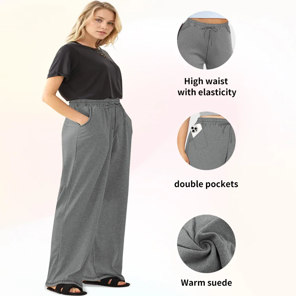 

Женские флисовые широкие брюки для йоги, свободные повседневные брюки больших размеров с карманами и шнурком