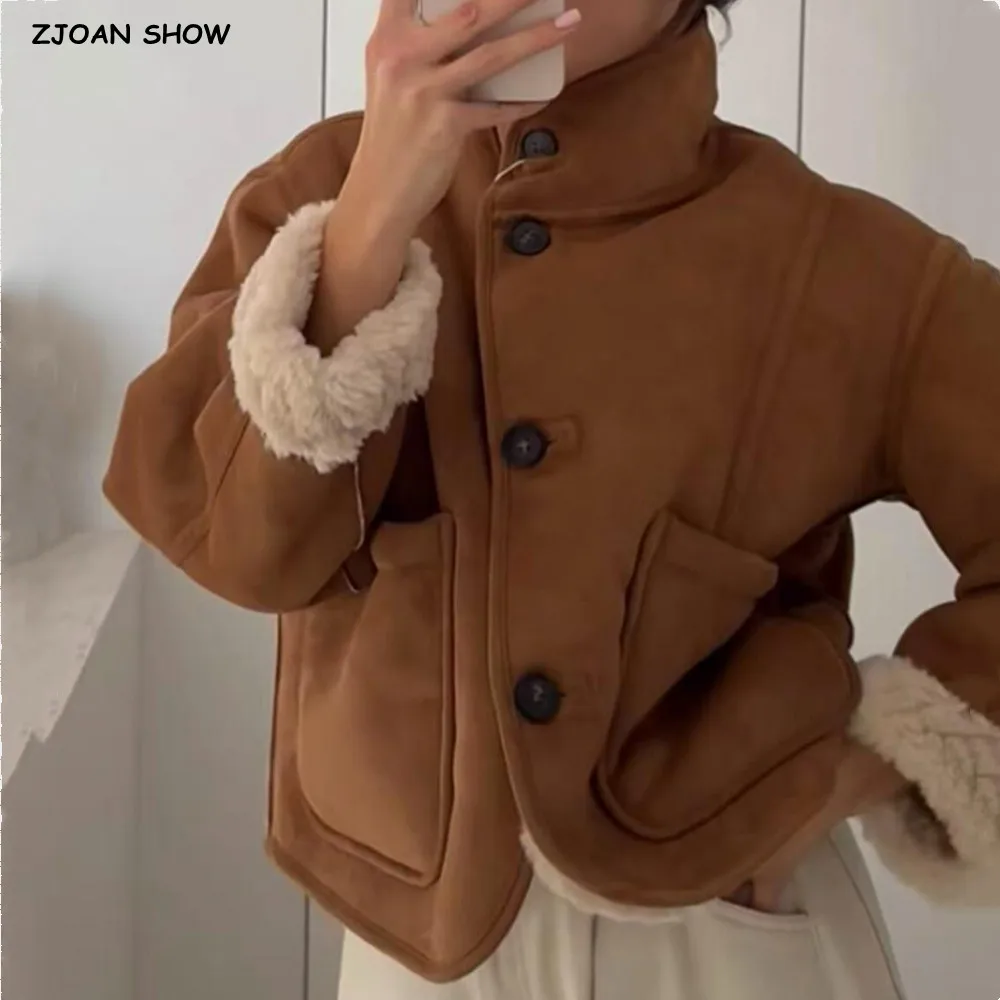 

Новинка 2025, зимнее двустороннее двустороннее пальто из кроличьего меха, женское однобортное пальто с воротником-стойкой и пуговицами, свободная верхняя одежда с длинными рукавами