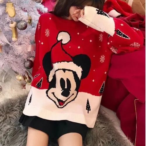 Disney Mickey Mouse Kawaii Anime New Sweater For Youthful Woman Christmas Fairy Knitwaer Outside Cute Sweet Knit Tops Yk2 Girls