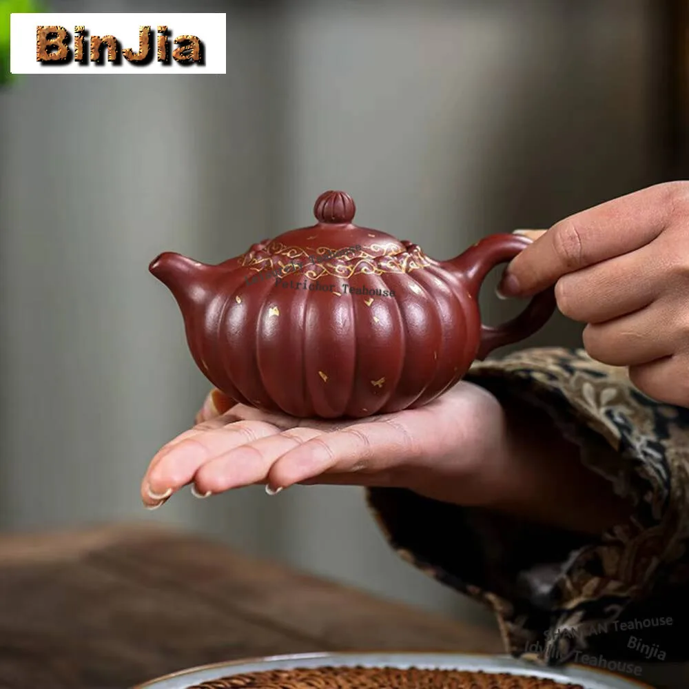 180ml Handmade Yixing Purple Clay Pot Gold Pattern Pumpkin Teapot Authentic Raw Ore Mud Tea Maker Kettle Zisha Tea Set Drinkware