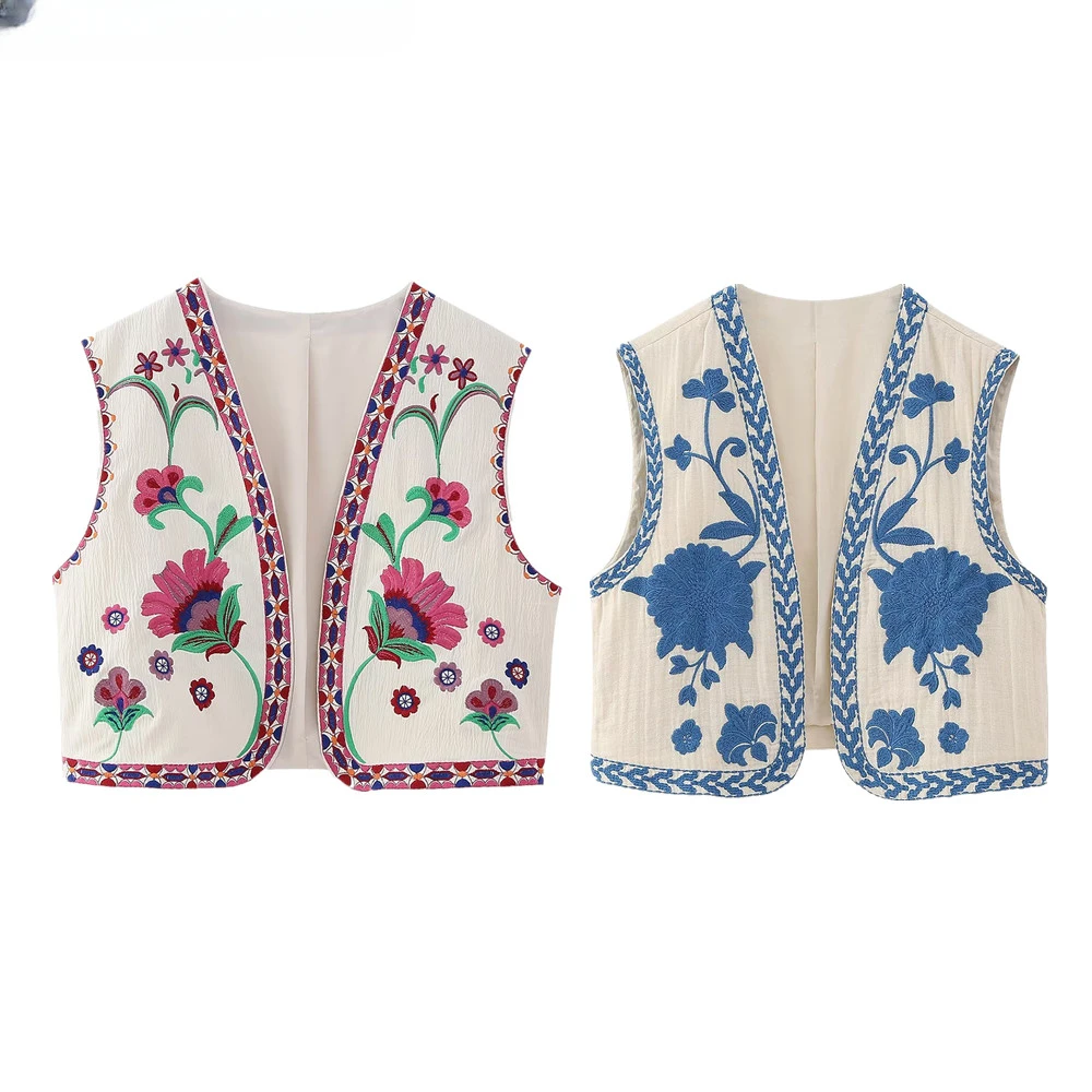 Women Vintage Floral Embroidered Open WaistCoat Ladies National Style Vest Jacket Outfits Casual Vacation Crop Top