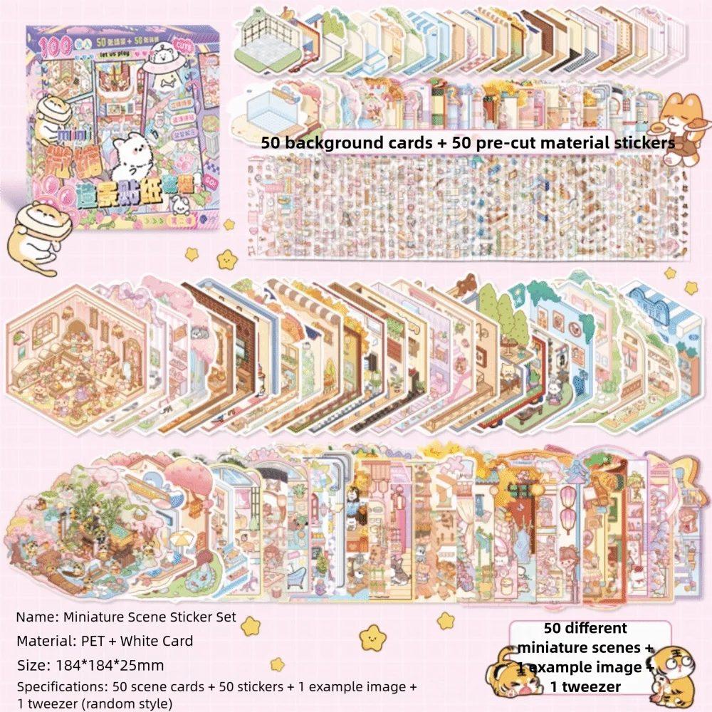 

50 in 1 Miniature Scene Landscape Stickers Cartoon DIY 3D House Stickers Scene Collection PET Visual Stacking
