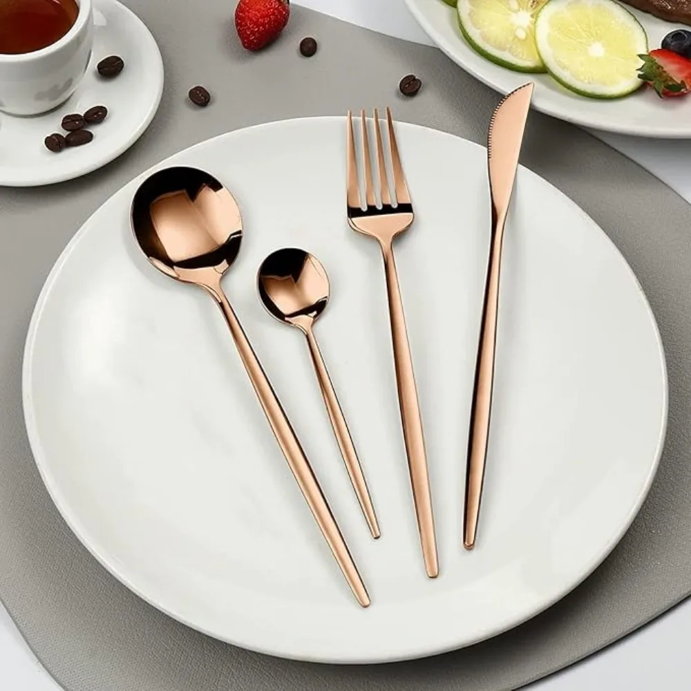 4PCS Stainless Steel Rose Gold Knife Fork and Spoon Tableware Set Steak Fruit Soup Suitable for Family Restaurants Easy Clean