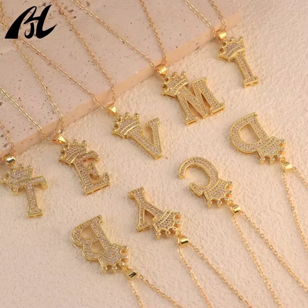 26 Letters A-Z Alphabet Iced Out Crown Gold Plated Hip Hop Initial Pendant Necklace