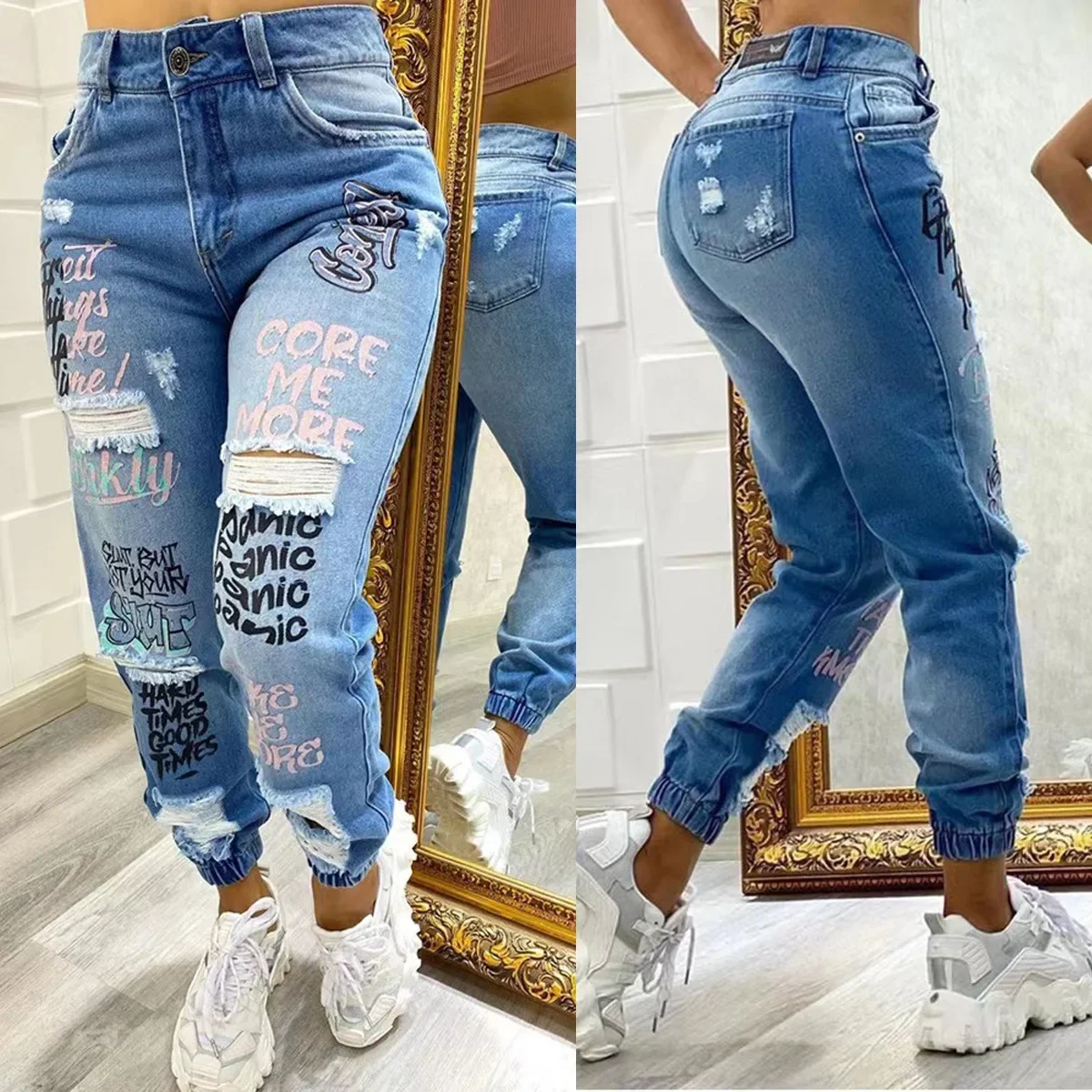 2023 New Fashion  Letter Print Slant Pocket Ripped Jeans Casual Blue Jeans Women