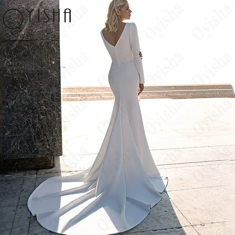 Oyisha-Vestido De Novia De satén con cuello en V para mujer, Vestido De Novia De manga larga, sirena, clásico, sin espalda, fiesta, hecho a medida Chaleco de satén de cuello V simple de novia mujer vestido de novia de