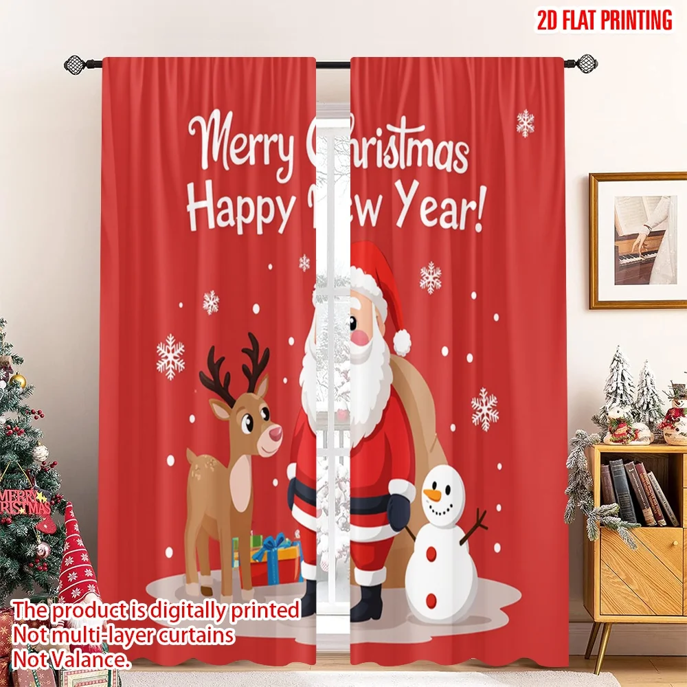 

2pcs 2D flat printing Christmas Party Curtain Cute Christmas Santa Snowman Reindeer 100% Polyester Without Electricity Family