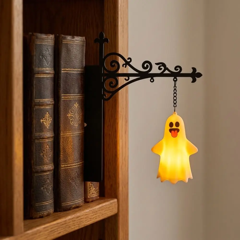 Warm White Light Halloween Ghost Bookshelf Lamp LED Lighting Vintage Style Library Ghost Figurine Lantern Glowing Wrought Iron