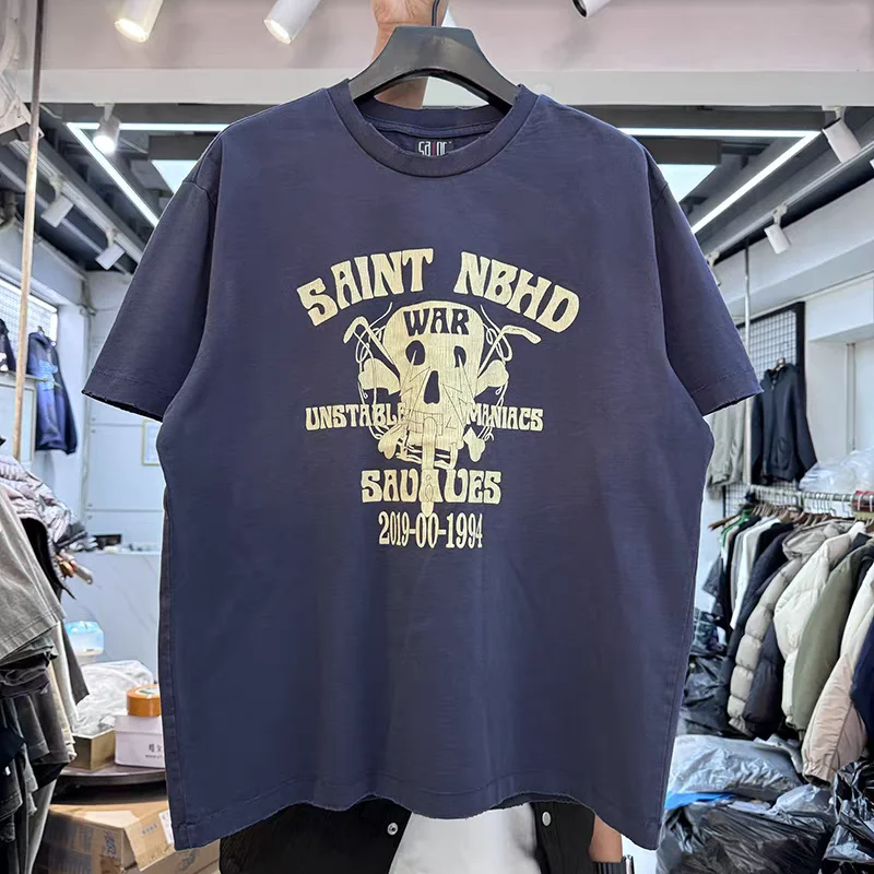 

Oversized Saint T-Shirt Vintage Washed Blue Streetwear Casual Comfortable Distressed Cotton Summer Fashion Tee