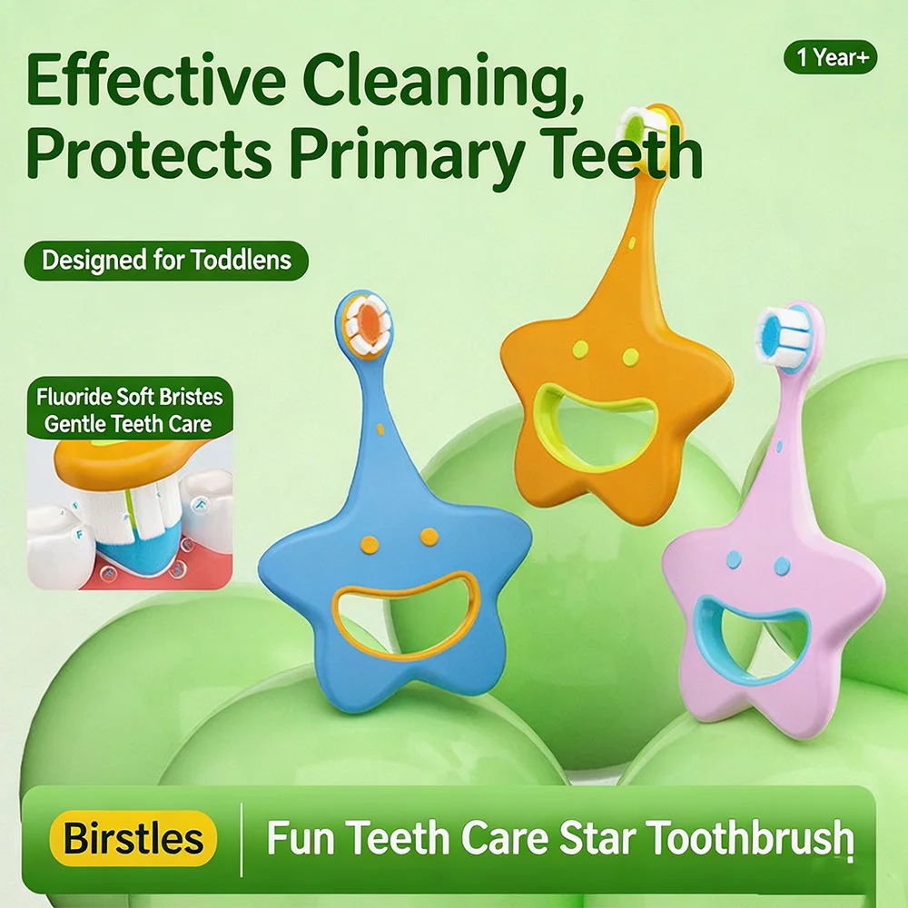 Kids Star Soft Bristle Toothbrush 3 Pack, 3 Colors Blue Pink Yellow Cute Star Children Toothbrushes Set Daily Oral Cleaning for