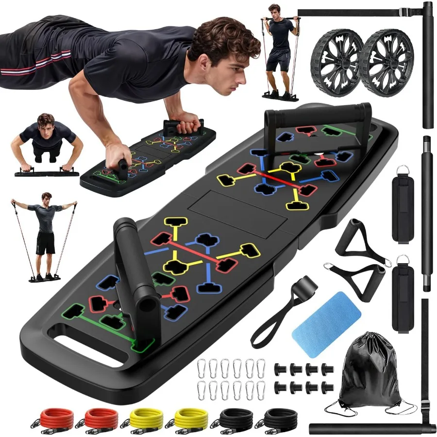 

MQRW Push Up Board Home Gym Portable Exercise Equipment with Pilates Bar and 20 Fitness Accessories in Black Includes Resistanc