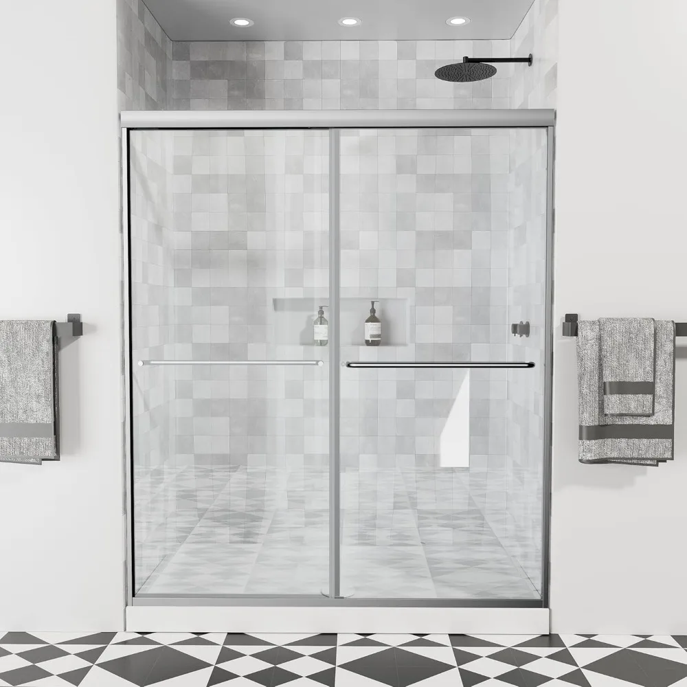 Shower Door, 56-60“ X 70” with 1/4” (6mm) Clear SGCC Tempered Glass, Chrome Finish, Reversible, Double Sliding Shower Door