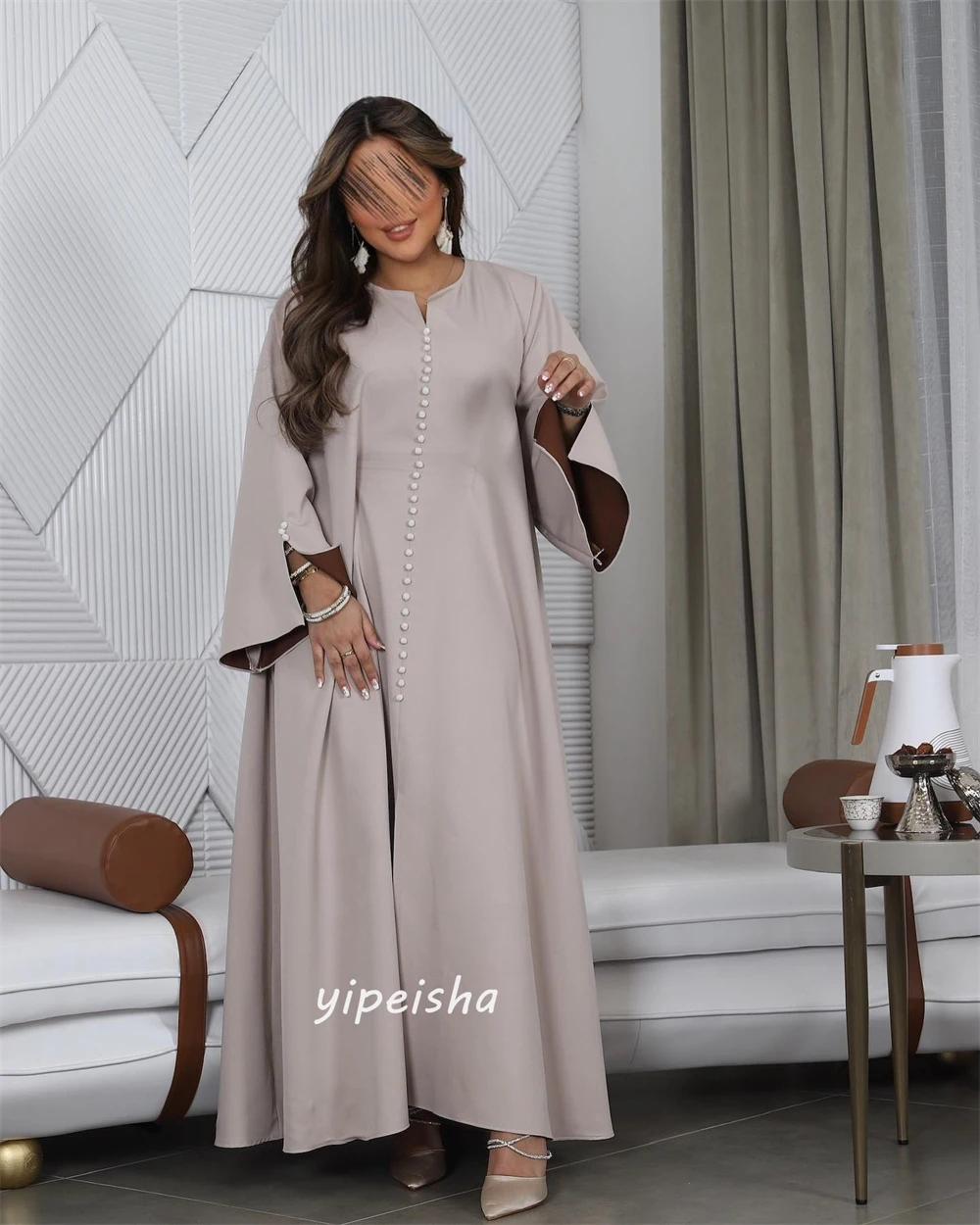 Vestido de graduación de Arabia Saudita, vestido de noche Formal de estilo moderno Simple, cuello redondo, línea A, botón, largo hasta el tobillo, satén, vestidos para ocasiones a medida