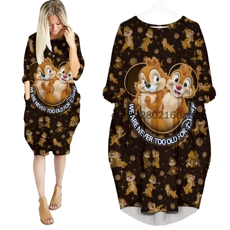 

2024 Chip & Dale Women's Batwing Pocket Dress 3D Printed New Disney Oversize Fashion Street Dress Long Sleeve Sleeping Dress