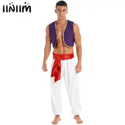 Mens Mythical Cosplay Outfits Arabian Prince Kings Costume Roleplay Arab Carnival Outfit Sequin Trim Waistcoat with Belted Pants