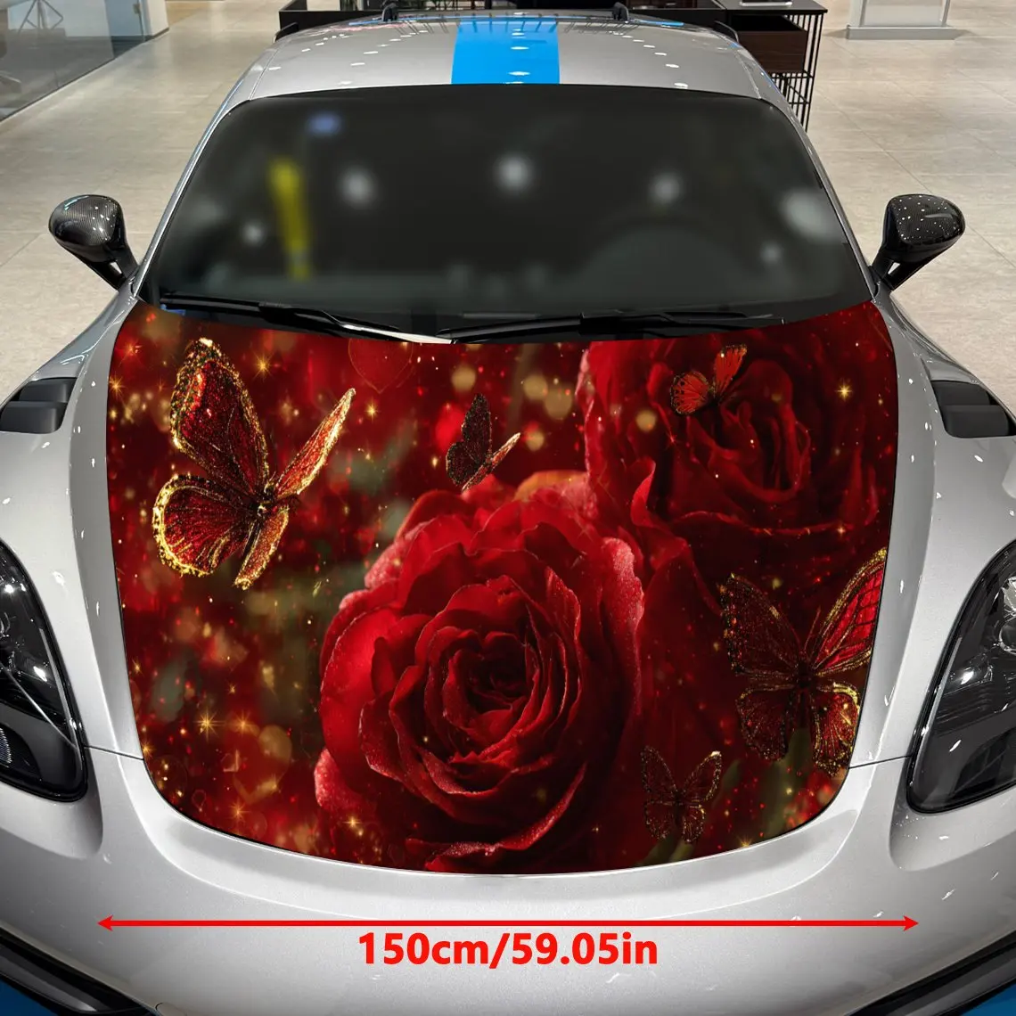 Golden Glitter Butterfly Surrounds Red Rose Cluster Car Vinyl Wrap, PVC Material Waterproof Car Hood Sticker, Self-Adhesive Scra
