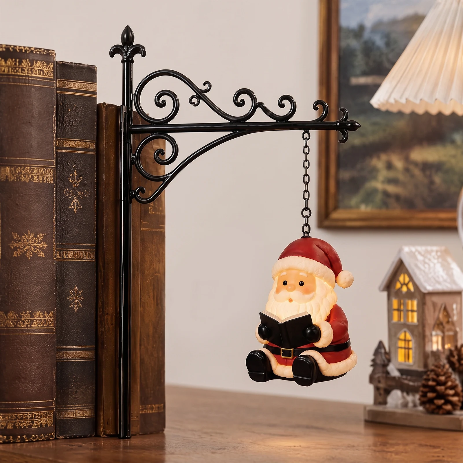 Christmas Library Lantern Bookshelf Lamp Santa Warm Metal Frame Reading Nook Cottagecore Decoration Gift