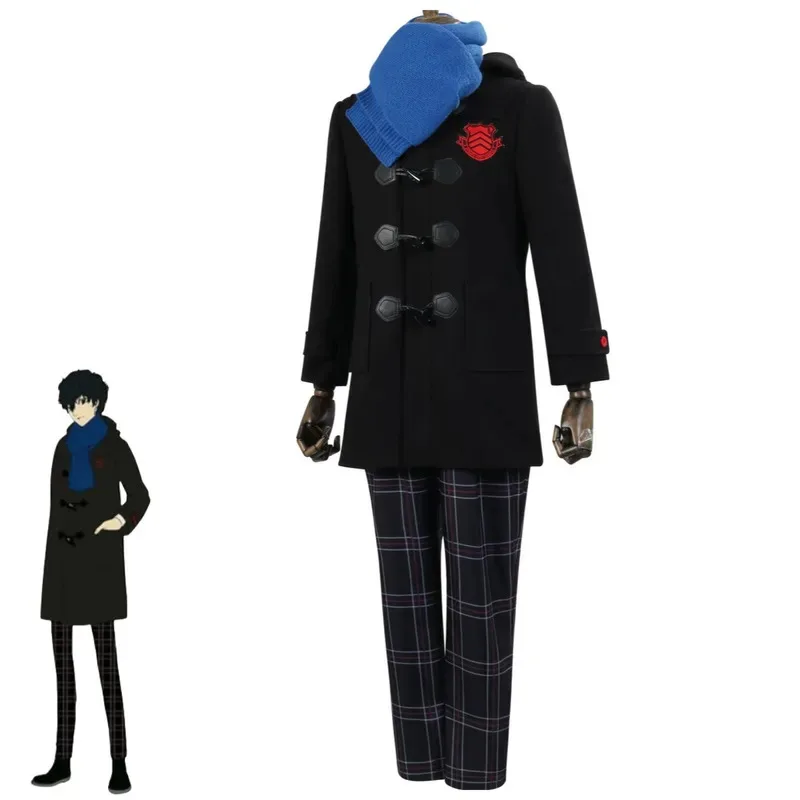 Game Amamiya Ren Cosplay Costume JOKER Winter Black Hooded Loose Coat Overcoat Scarf Uniform Wig Man Christmas Suit cm;5