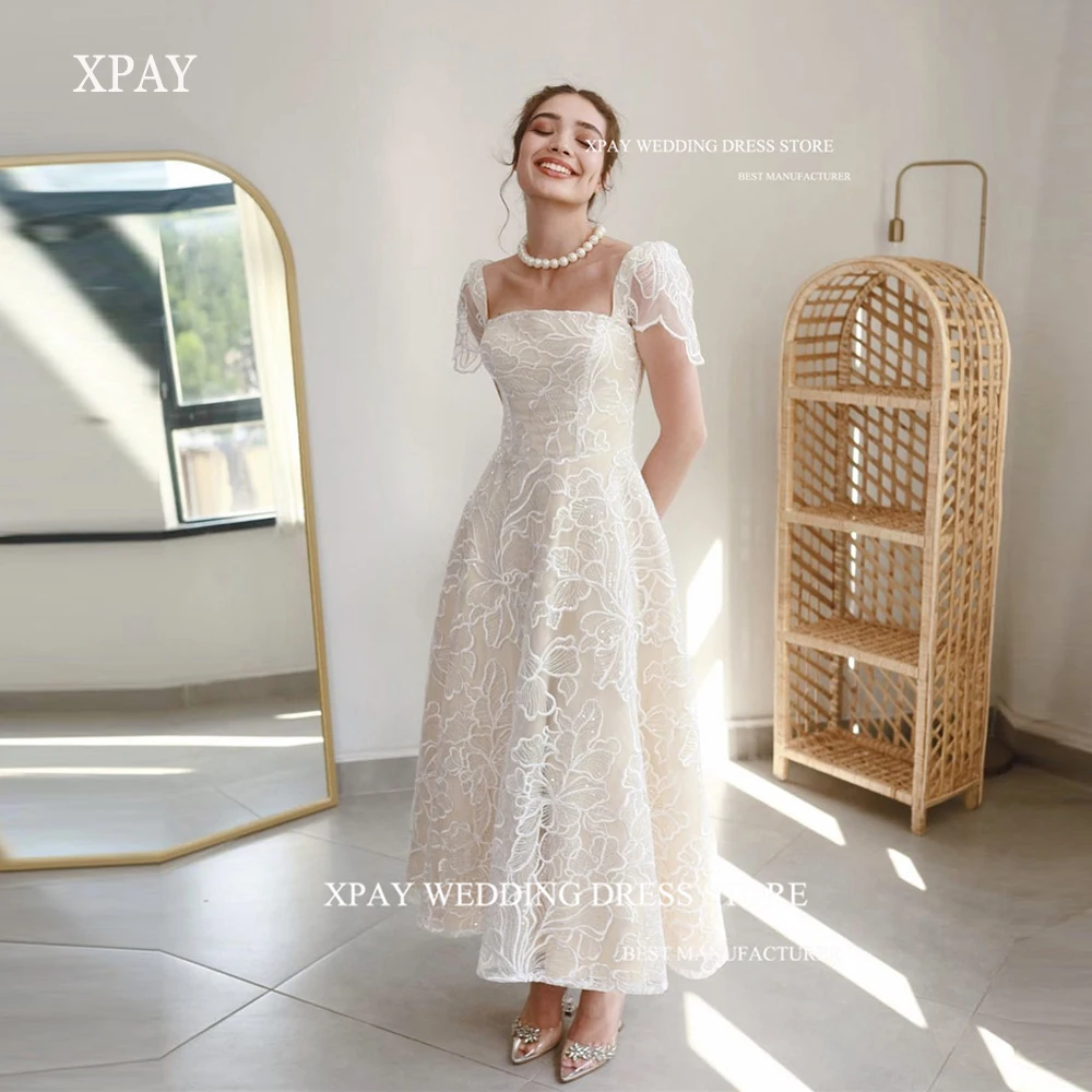 Xpay 2023ชุดลูกไม้สีงาช้างวินเทจยาวถึงข้อเท้าชุดแต่งงานปาร์ตี้ชุดเดรสลูกไม้แขนกุดคอสี่เหลี่ยมชุดออกงานแบบอาหรับสำหรับผู้หญิง