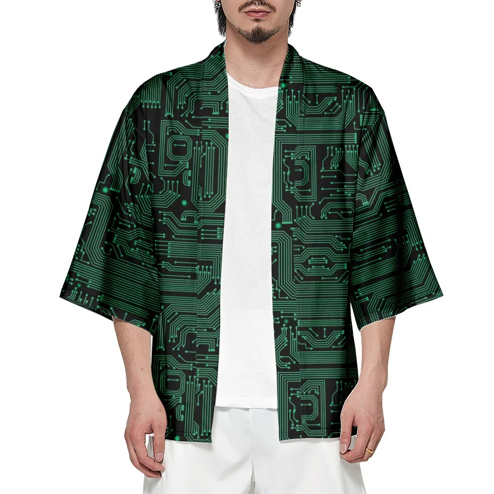 Haori Obi Beach Yukata Green Printed Kimono Women Men Cardigan Japanese Summer Shirt Asian Clothing