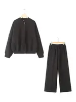 HH Women's Fall 2-Piece Retro Solid Color Zip Bomber Jacket Sweatshirt+High Waist Lace Up Women's Wide Leg Pants Street Wear - Image 6