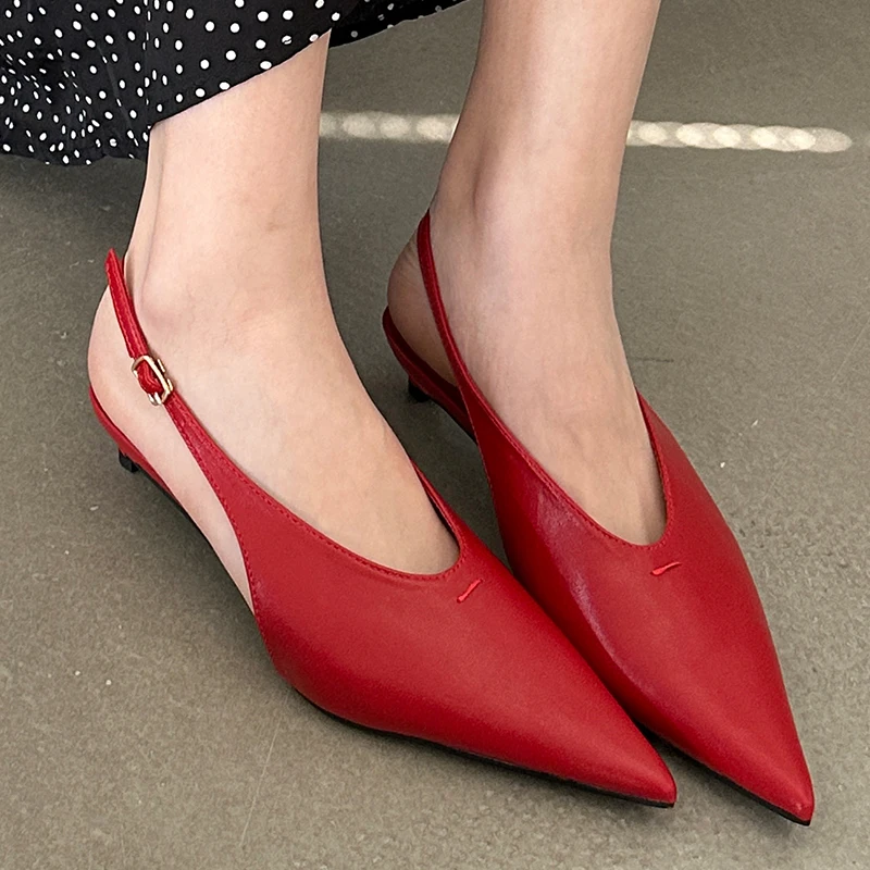 2024 New Slingbacks Low Heel Ladies Shoes Fashion Pointed Toe Elegant Women Heeled Shoes Female Shallow Pumps Red Footwear