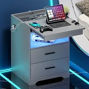 RGB Set 2 Nightstand with Wireless Charging Station, Auto Sensor 3 Color Dimmable Night Stand