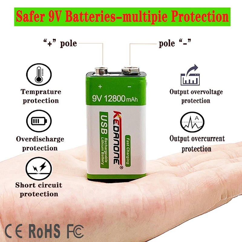 9V Rechargeable Battery 12800mAh 6F22 Micro USB 9v Li-ion Lithium Batteries for Multimeter Microphone Toy Remote Control KTV