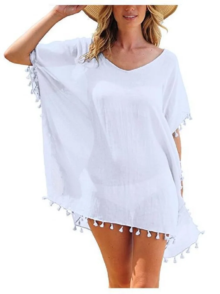 2024 Chiffon Tassels Beach Wear Women Swimsuit Cover Up Swimwear Bathing Suits Summer Mini Dress Loose Solid Pareo Cover Ups