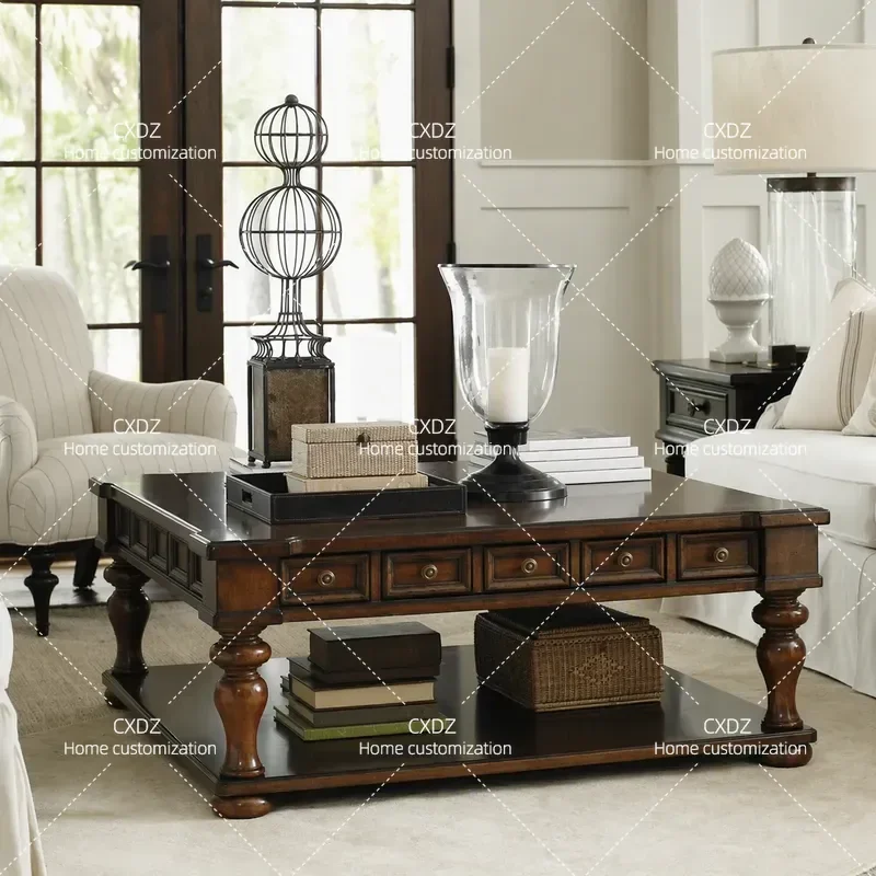 American Solid Wood Retro Coffee Table with Square Drawer Large Living Room Tea Table for Villa Household Furniture