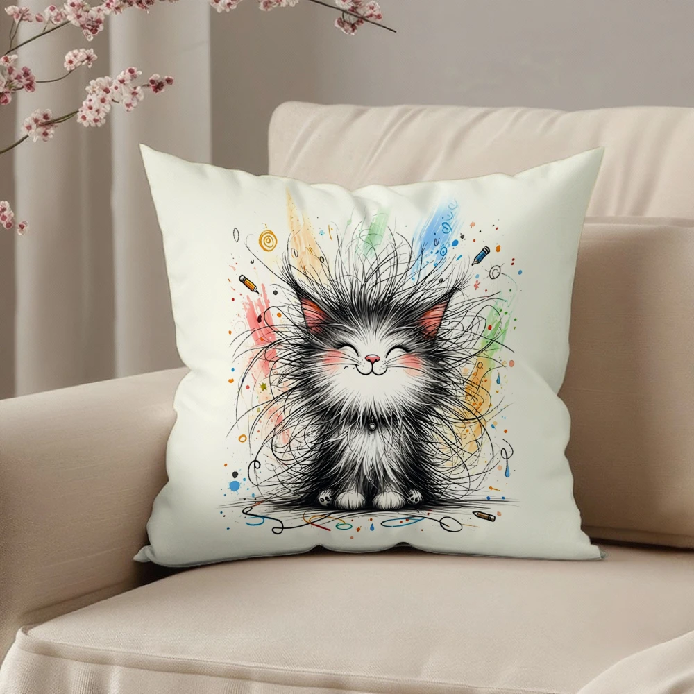 Square Throw Pillow Case Cream White Cute Kitten With Colorful Paint Splatter And Scribbles Art Print For Sofa Bedroom Living Ro