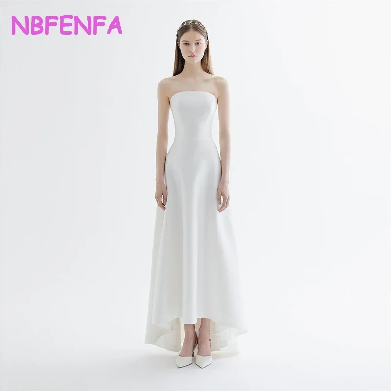 White Strapless Light Wedding Dress Korean Satin Simple Dress Sexy Backless Banquet Evening Dresses Bride Photo Shoot Dress Gown