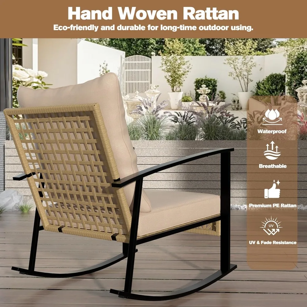 3ピース屋外ロッキングビストロセット、籐製パティオ屋外家具、ポーチチェア、ガラス製コーヒーテーブル付き会話セット。