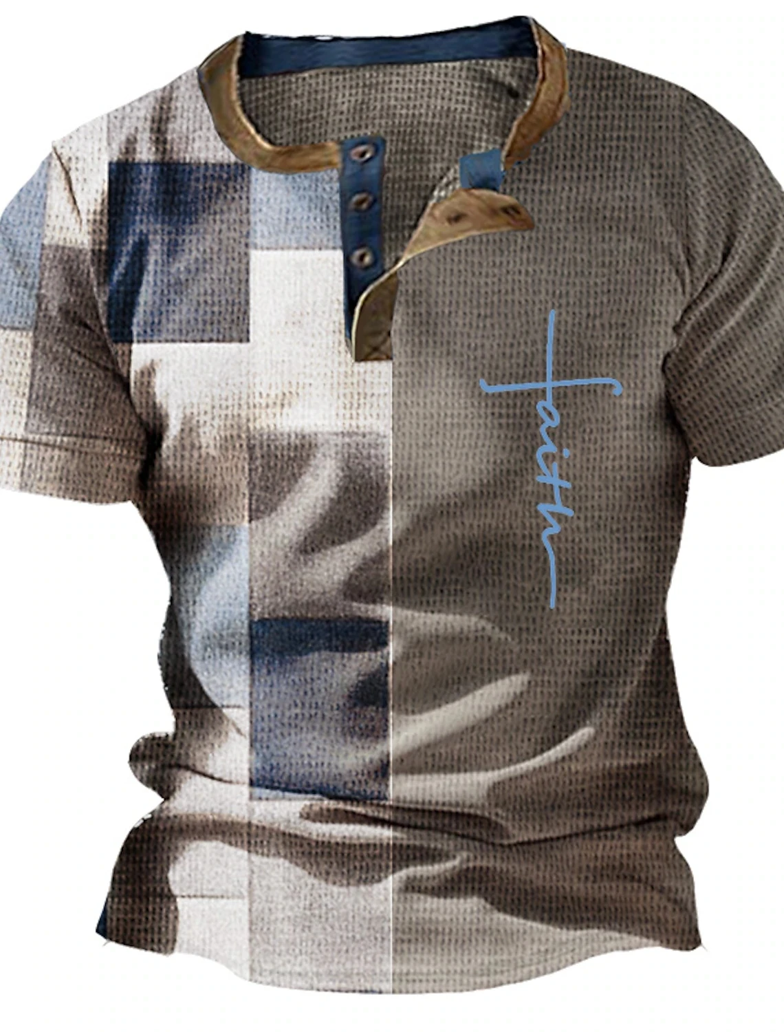 Sommer Vintage Herrenhemd mit Kreuzmuster, Kurzarm, Lässiger V-Ausschnitt, Knopfleiste, Übergroßes Herren-Patchwork-T-Shirt, Karierte Oberteile, Streetwear – Detail 3