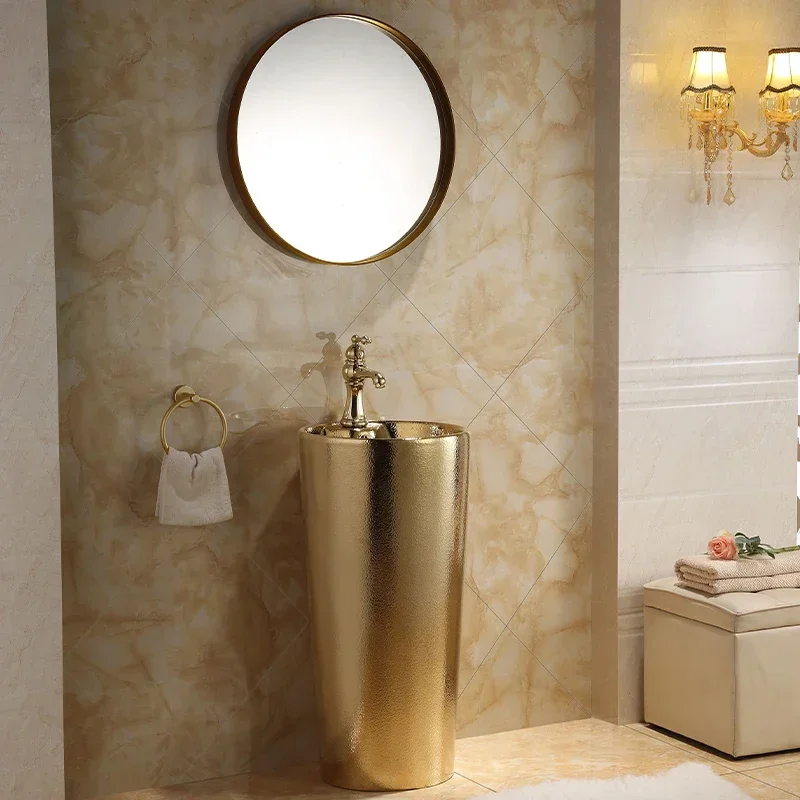 

European classical ceramic floor-to-ceiling golden wash basin, column-type washbasin, bathroom column basin, washbasin