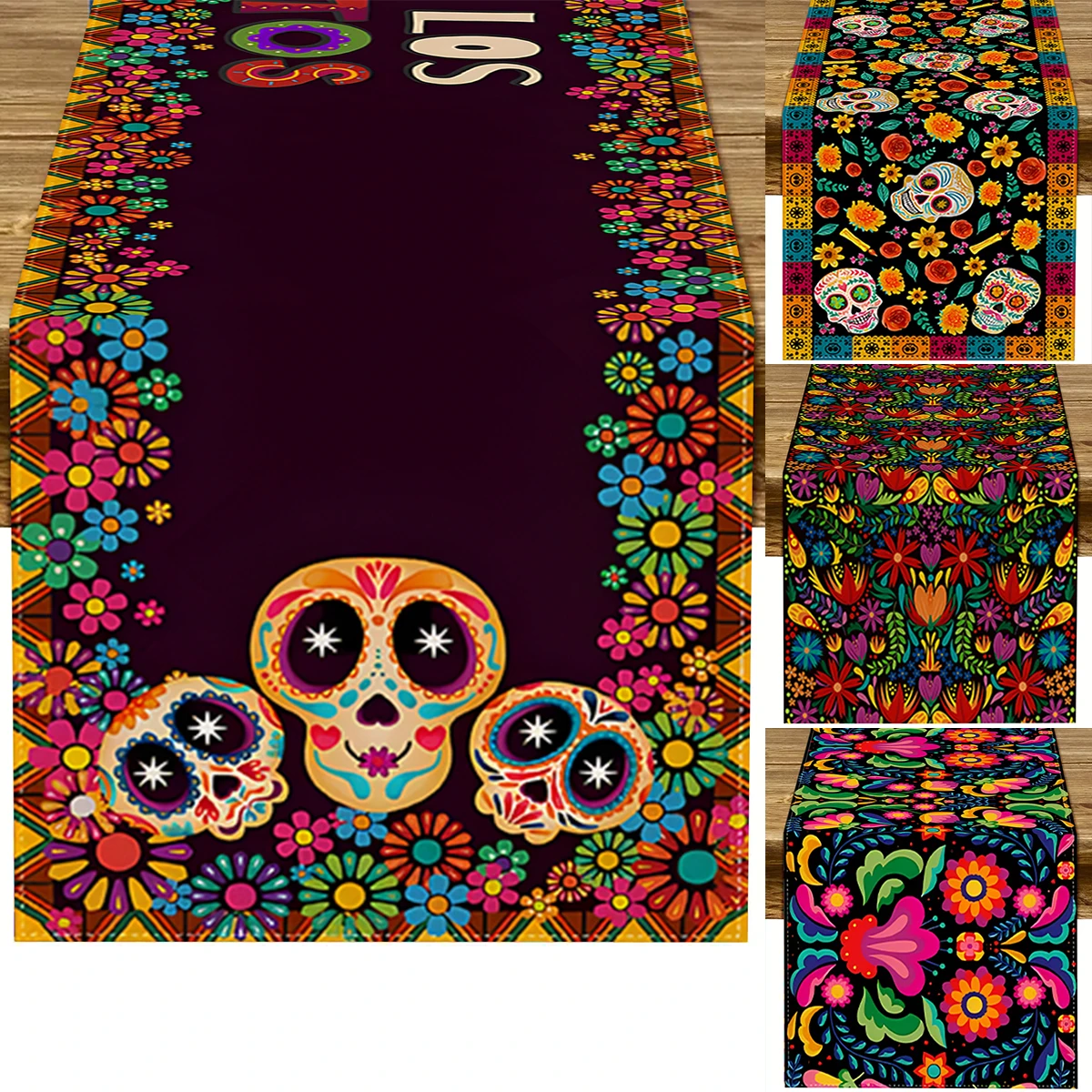 

Mexican Day of The Dead Linen Table Runners Mexico Dia De Los Muertos Sugar Skull Table Runner for Home Party Dining Table Decor