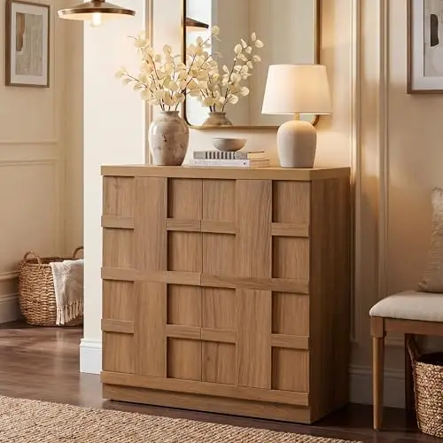 Buffet Cabinet Sideboard with Storage, 31.3”Large 3D Woven Texture Credenza with 2 Pop-up Doors, Long Coffee Bar