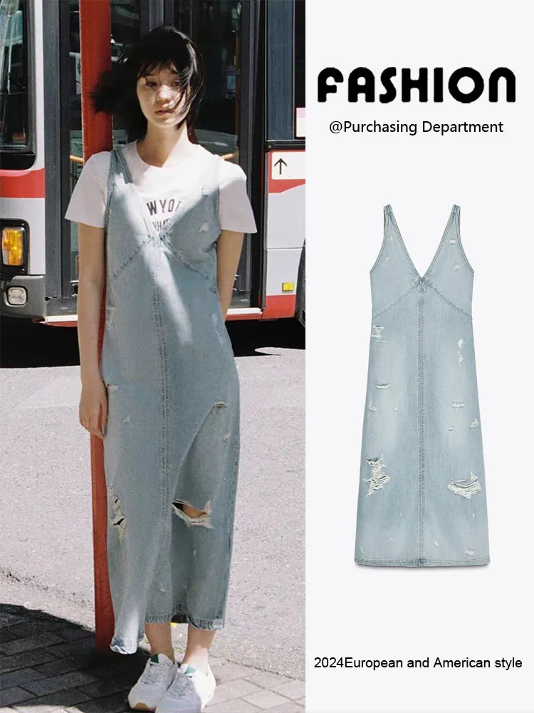 

New Summer Women's Dress Elegantly Sleeveless Ripped Shoulder Strap V-neck Denim Dress Trendy Ethnic Stage Costume
