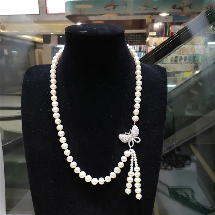 hot sell natural 7-8 mm white nearly round freshwater pearl micro inlay zircon butterfly clasp short necklace fashion jewelry