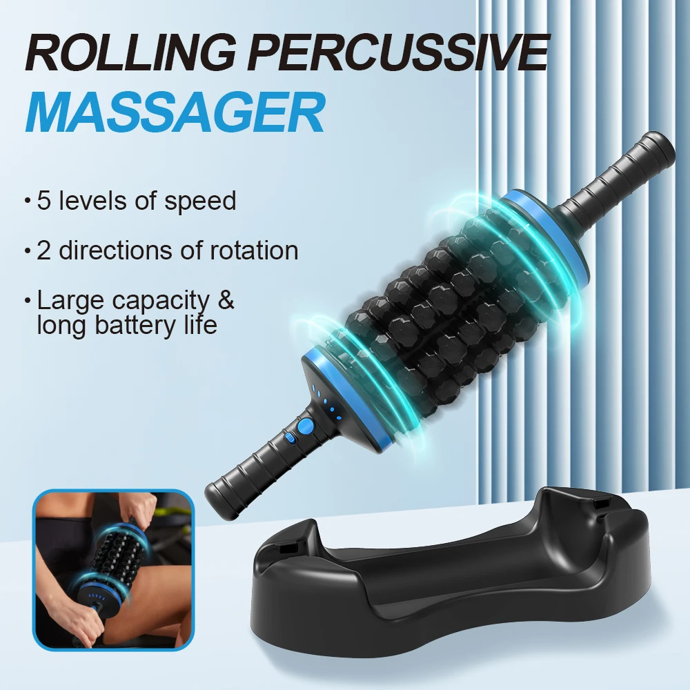 

Rolling Percussive Massager Whole Body Relief Deep Tissue & Muscle Recovery Rechargeable Hands-Free Base 5-Speed Reversible Spin