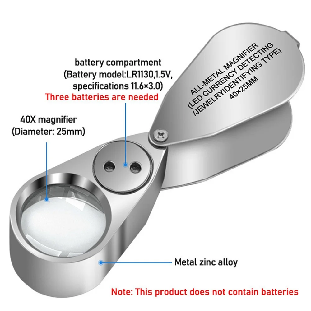 High Power 40X Handheld Folding Magnifying Glass LED Light For Jewelry Gemstone Identification Stamp Coin Checking